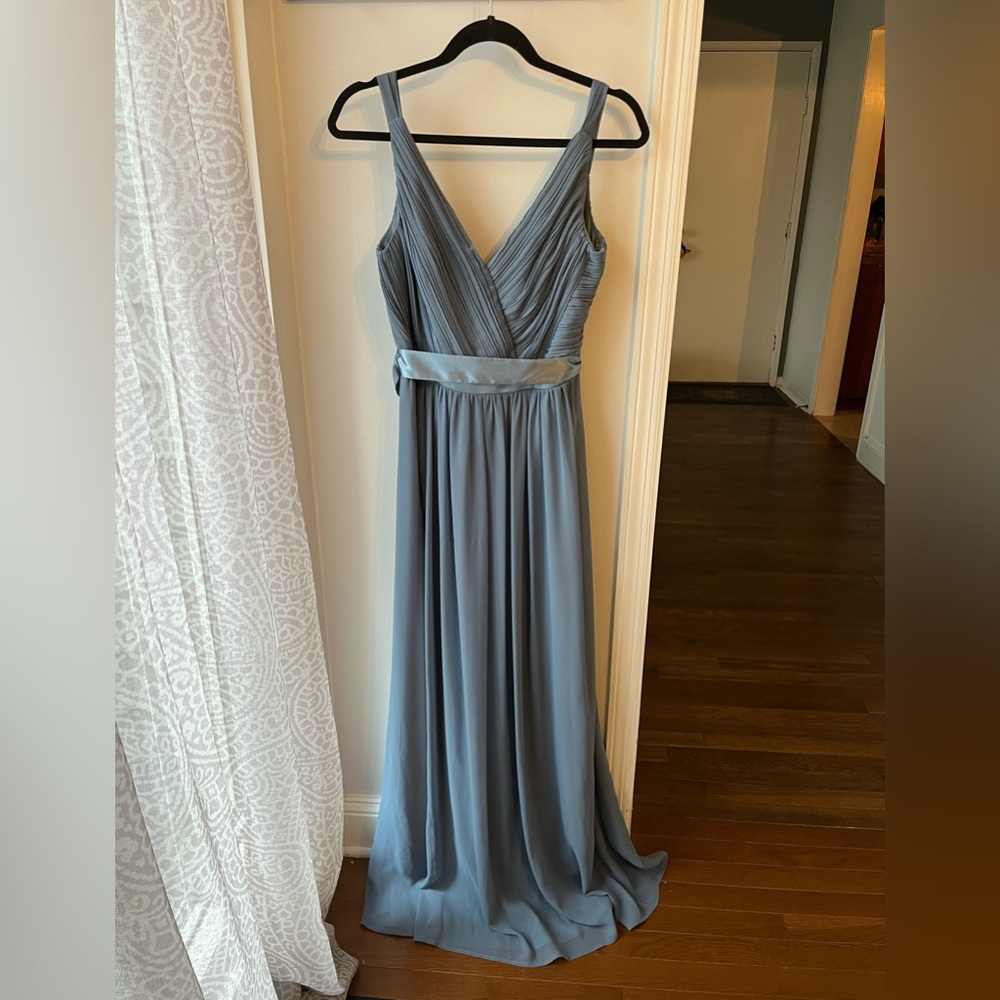 Dusty blue Bill Levkuff bridesmaid dress